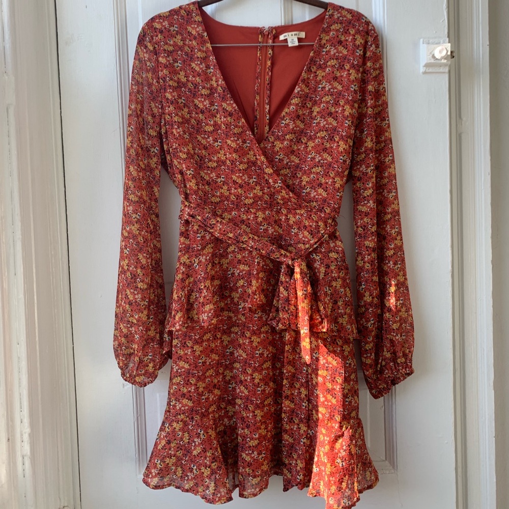 Rust Orange Floral Long Sleeve Mini Dress